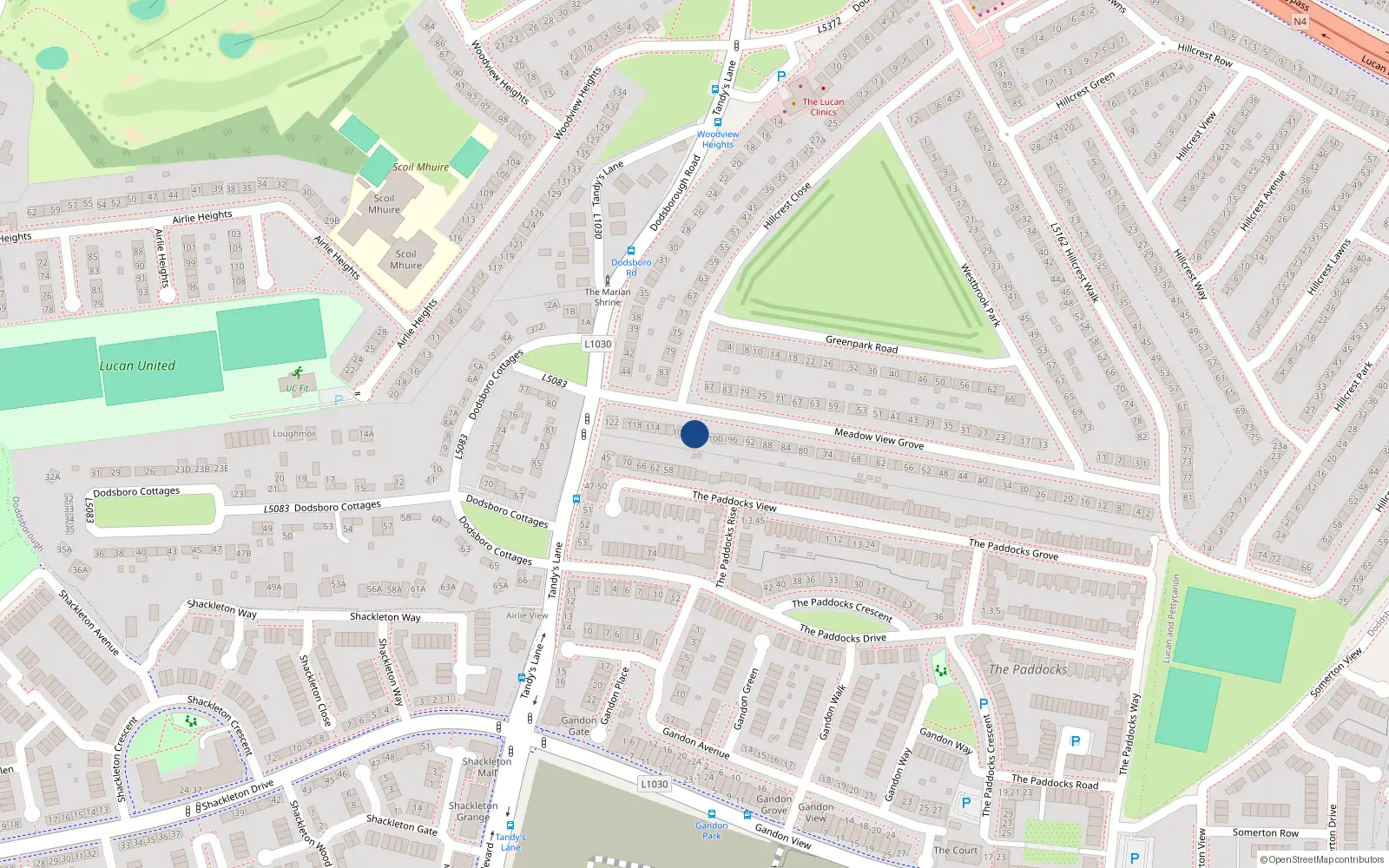 Overhead map showing the location of 104 Meadowview Grove, Lucan