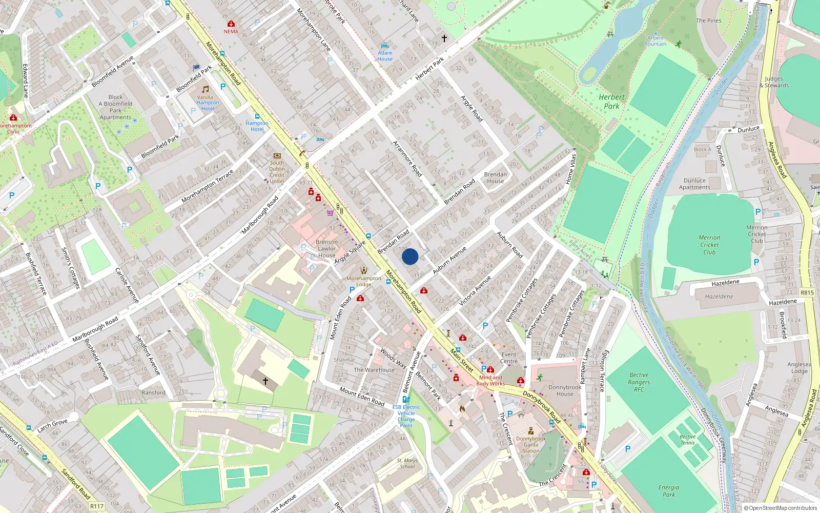 Overhead map showing the location of 104 Morehampton Road, Dublin 4