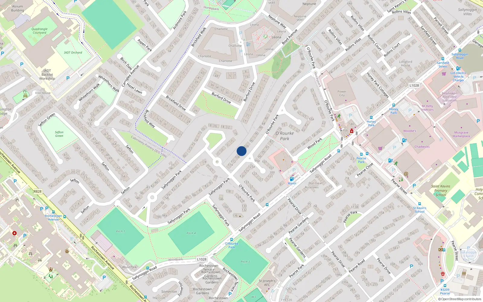 Overhead map showing the location of 104 Orourke Park, Dun Laoghaire, Co Dublin