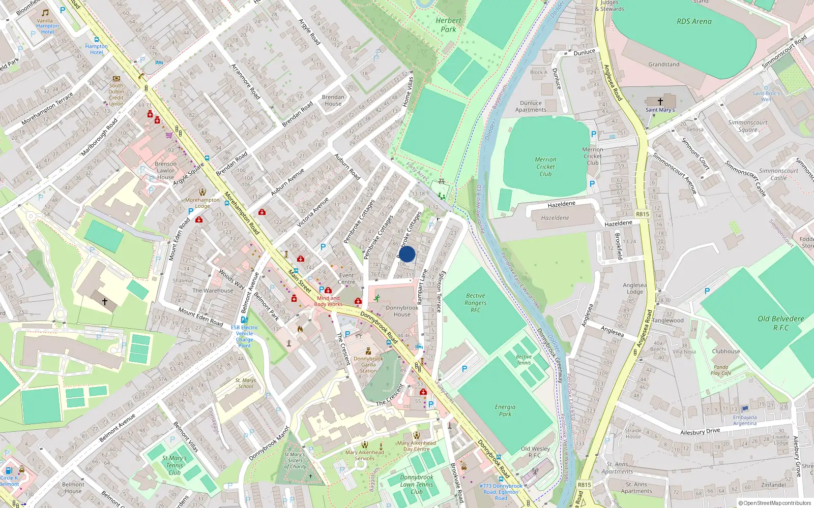 Overhead map showing the location of 104 Pembroke Cottages, Dublin 4