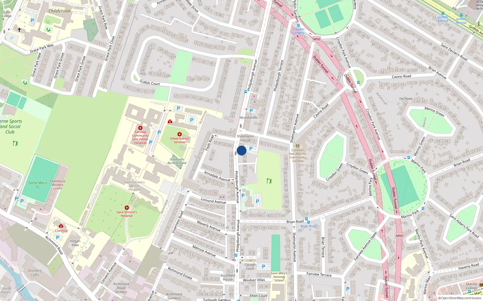 Overhead map showing the location of 104 Philisburgh Avenue, Fairview, Dublin 3
