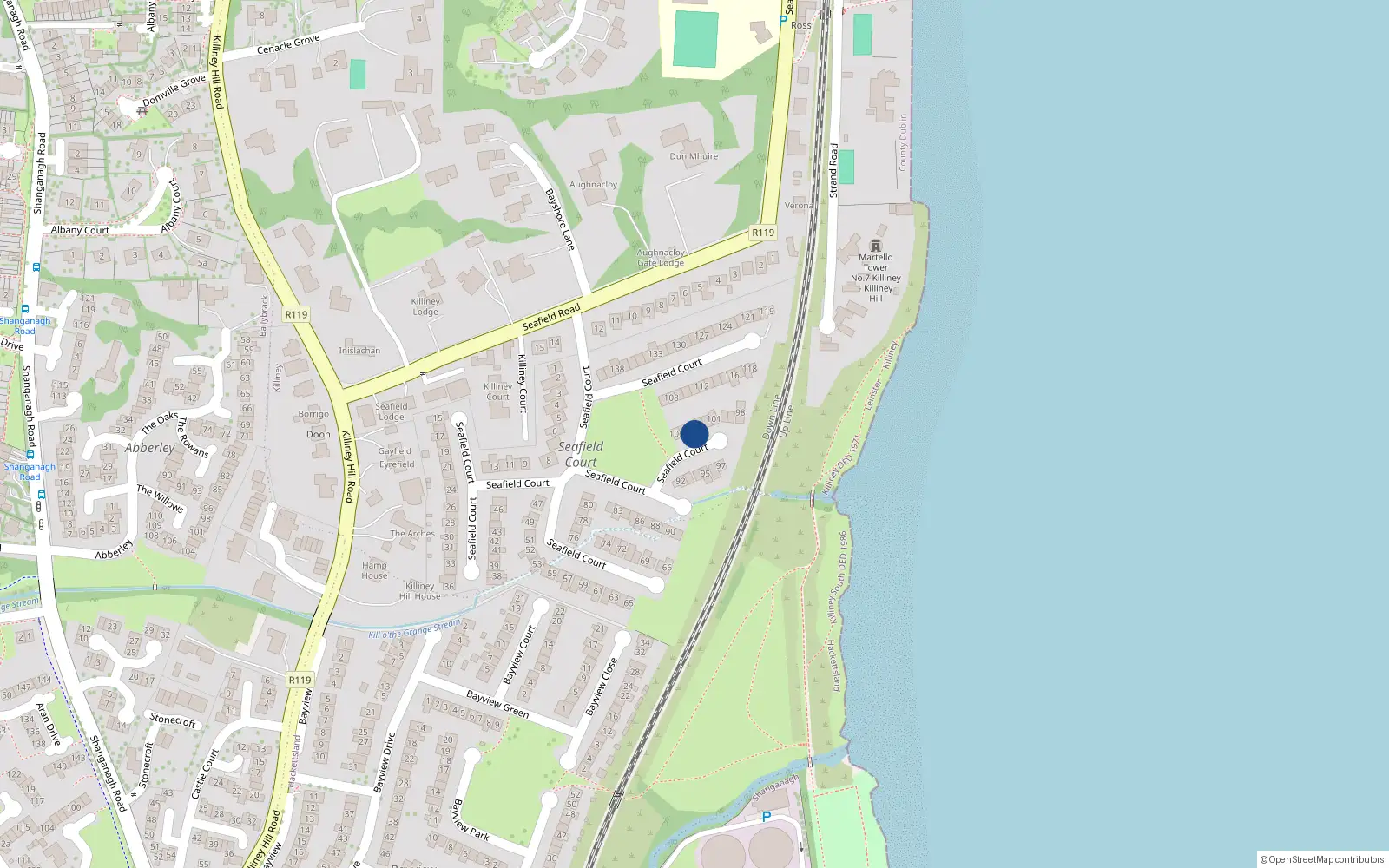 Overhead map showing the location of 104 Seafield Court, Seafield Road, Killiney