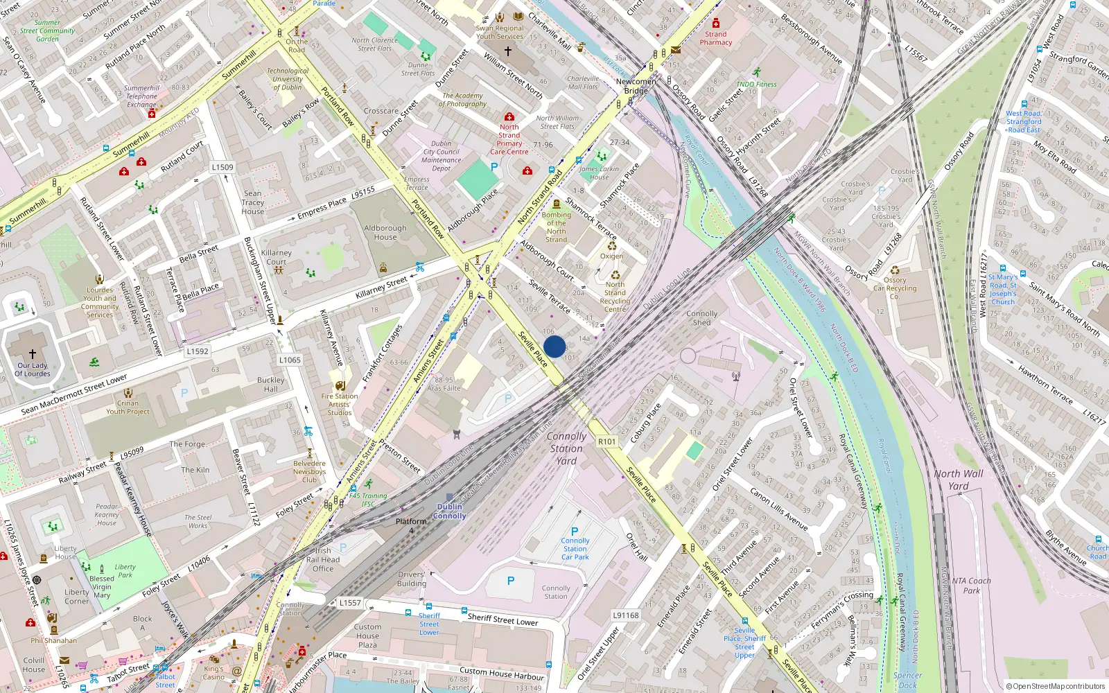 Overhead map showing the location of 104 Seville Place, Dublin 2