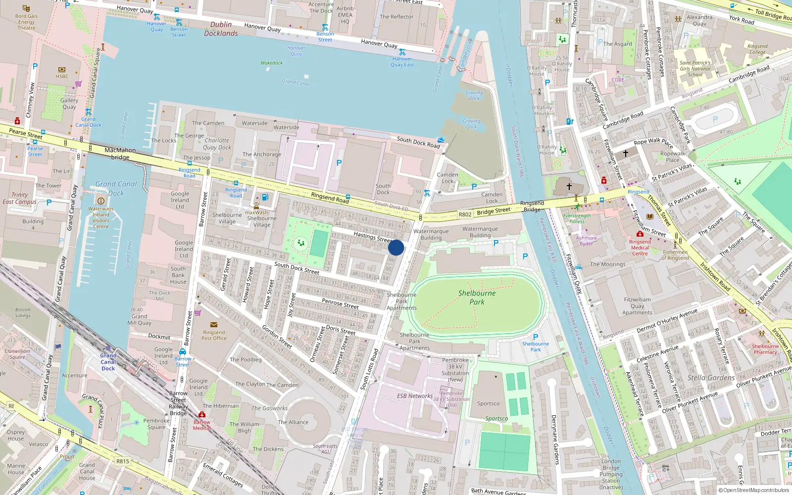 Overhead map showing the location of 104 South Lotts Road, Dublin 4