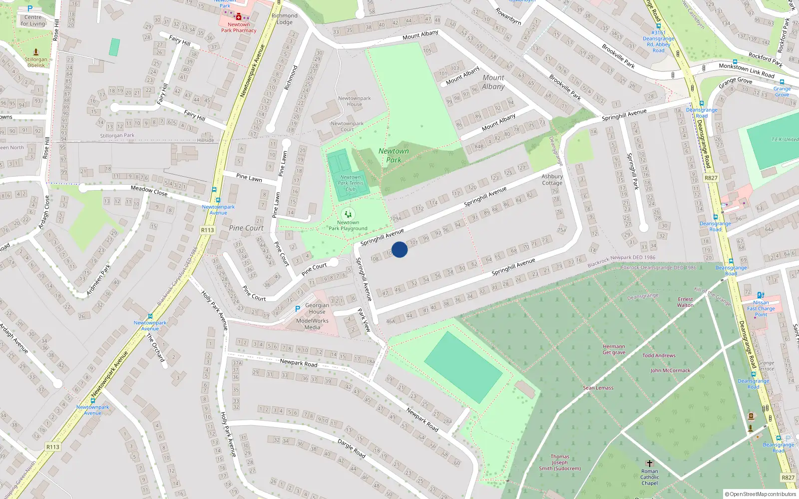 Overhead map showing the location of 104 Springhill Avenue, Blackrock