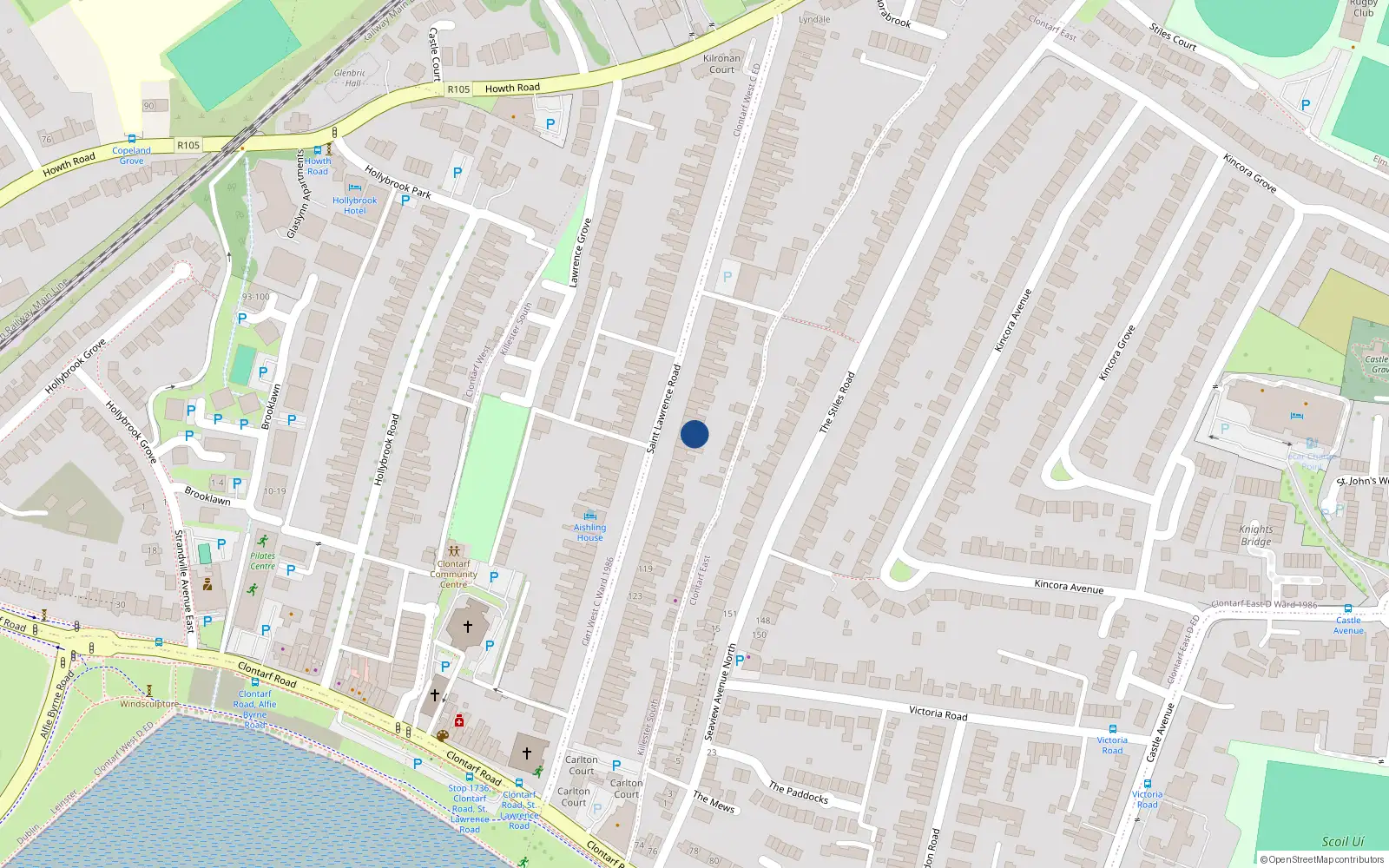 Overhead map showing the location of 104 St Lawrence Road, Clontarf, Dublin 3