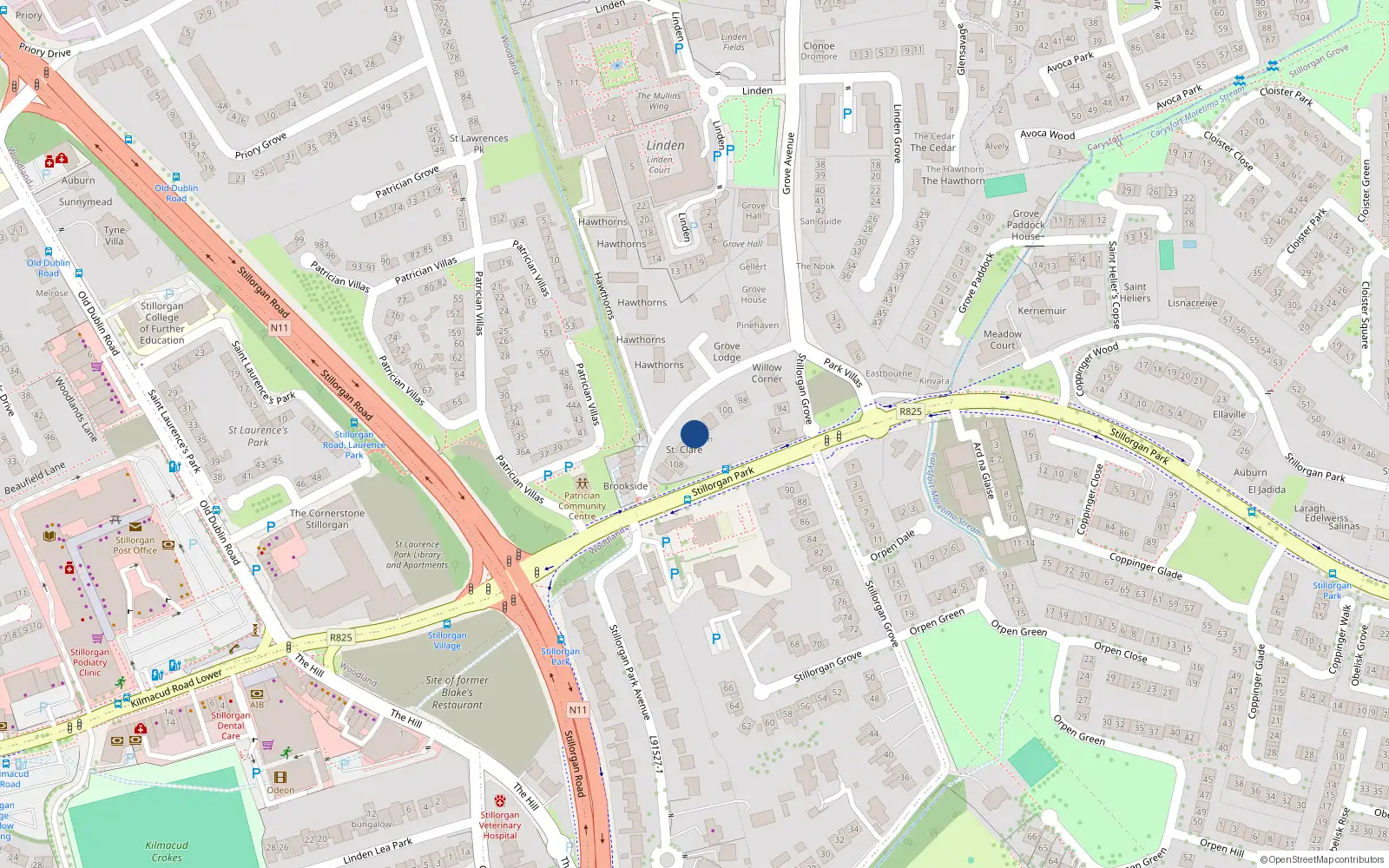Overhead map showing the location of 104 Stillorgan Grove, Dublin