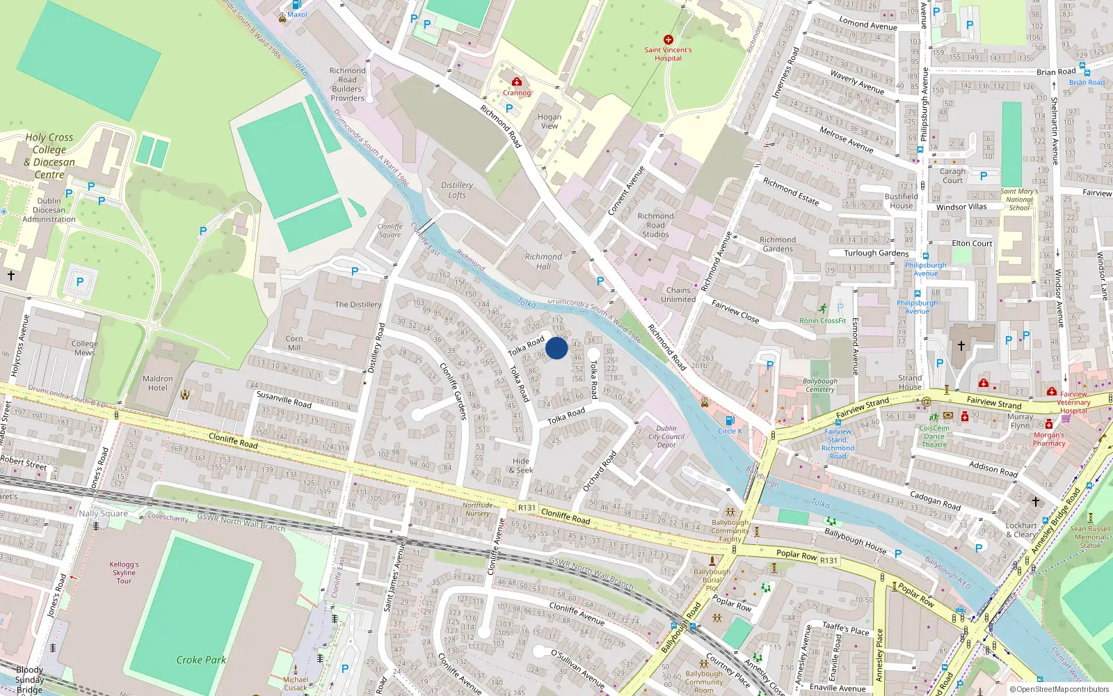 Overhead map showing the location of 104 Tolka Road, Ballybough, Dublin 3