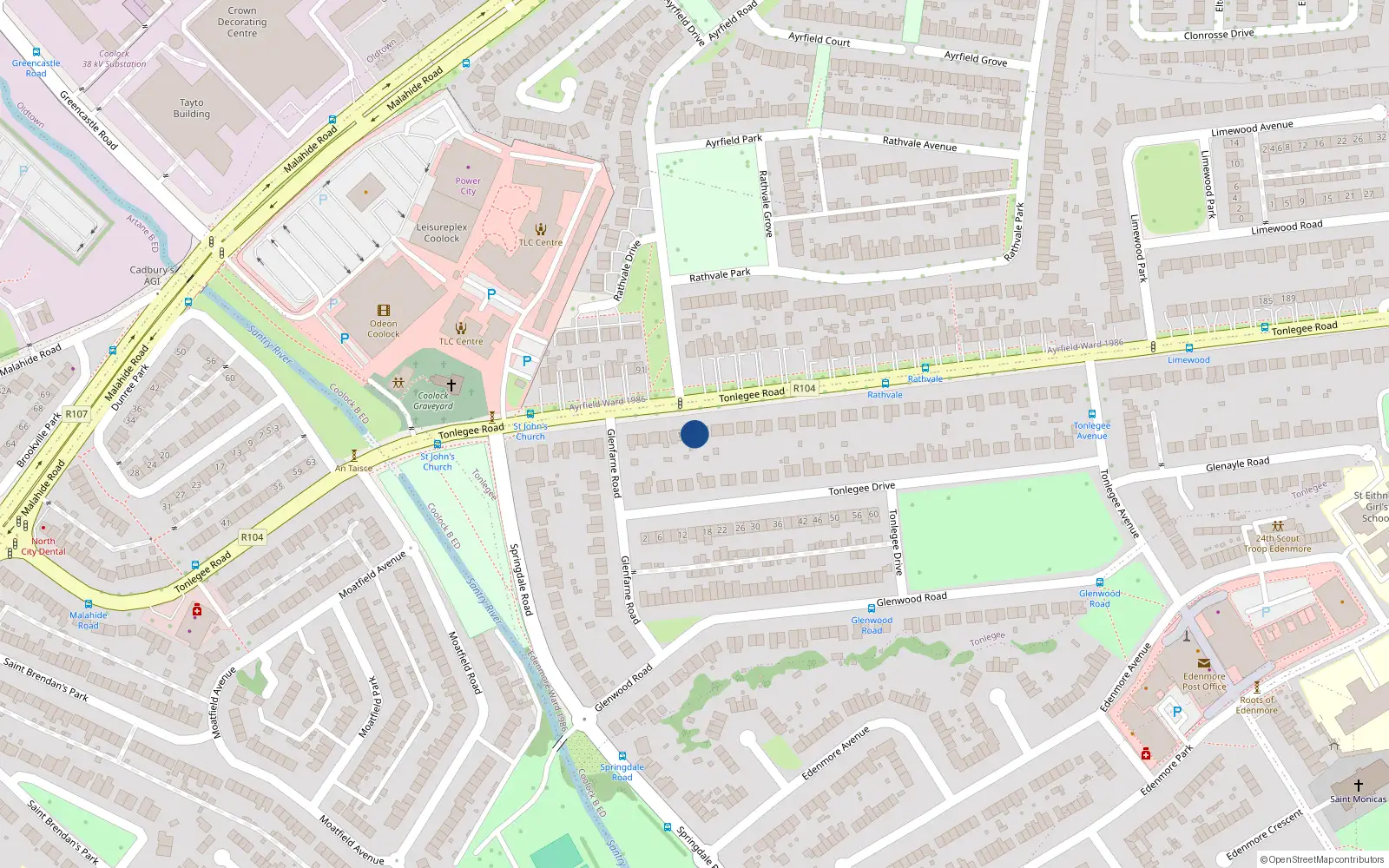 Overhead map showing the location of 104 Tonlegee Road, Dublin 5