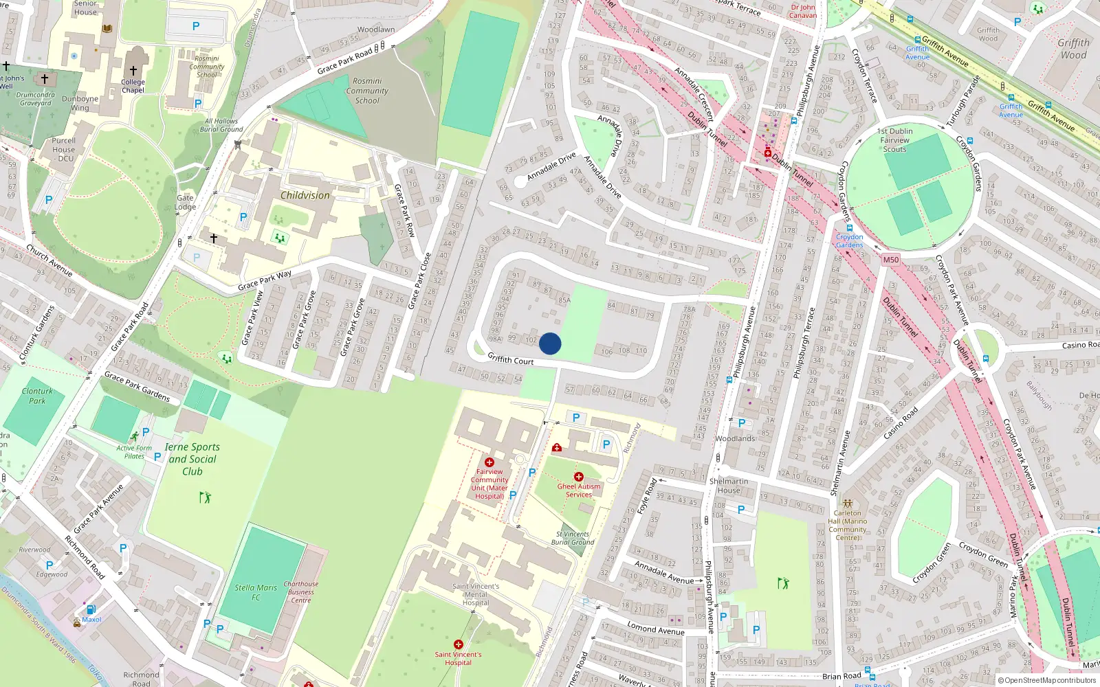 Overhead map showing the location of 104A Griffith Court, Dublin 3