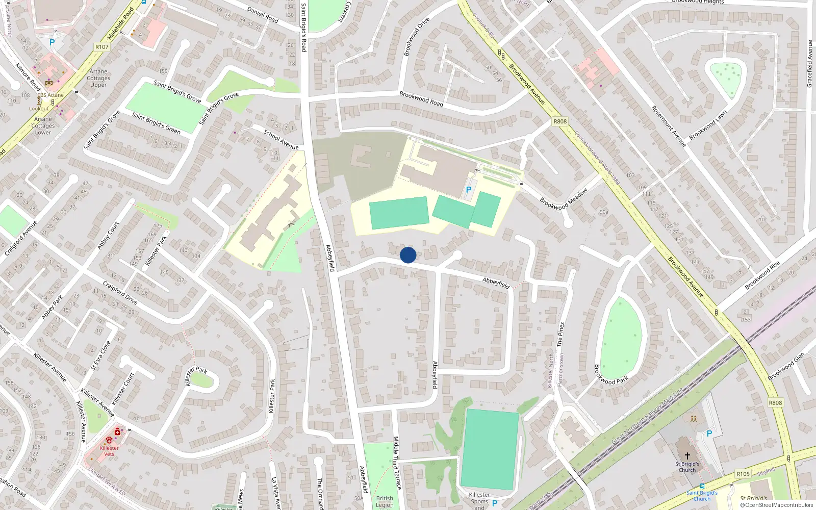 Overhead map showing the location of 105 Abbeyfield, Killester, Dublin City