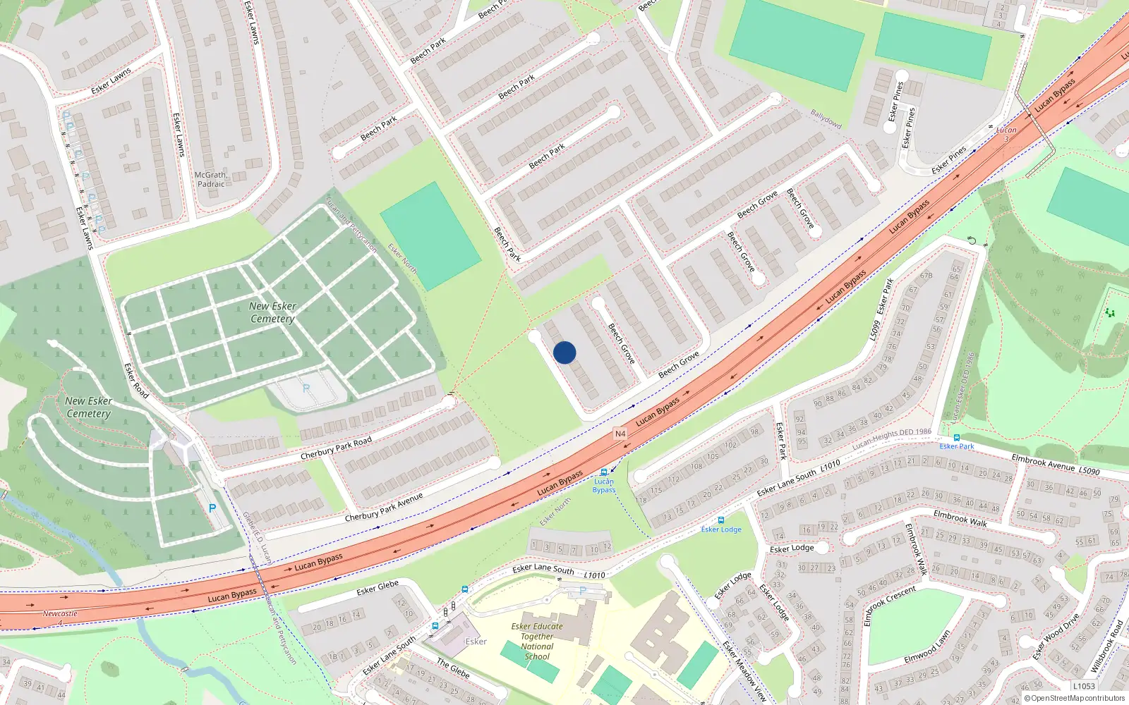 Overhead map showing the location of 105 Beech Grove, Lucan, Dublin
