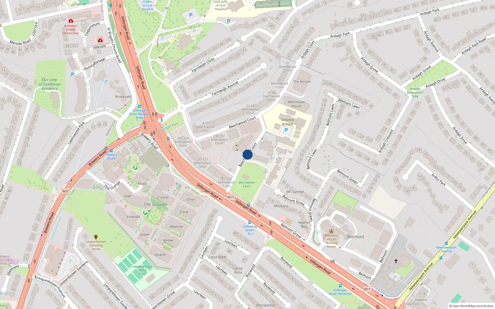 Overhead map showing the location of 105 Beechwood Court, Blackrock
