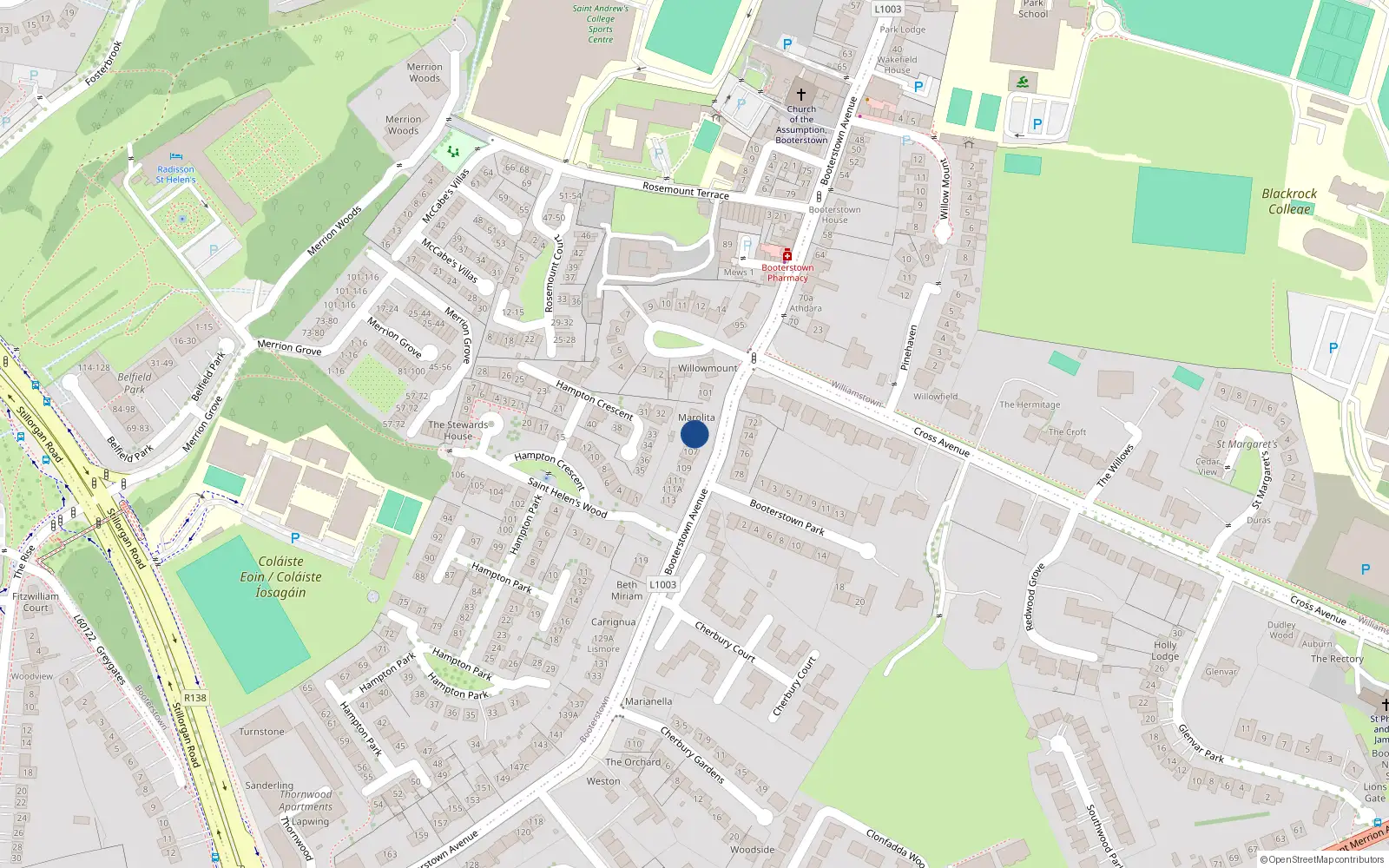 Overhead map showing the location of 105 Booterstown Avenue, Blackrock