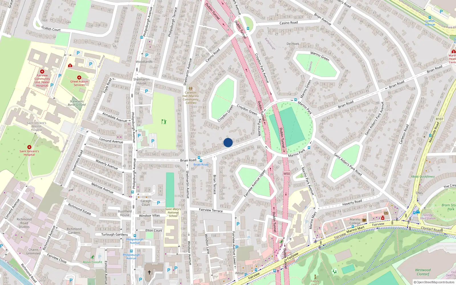 Overhead map showing the location of 105 Brian Road, Marino, Dublin 3