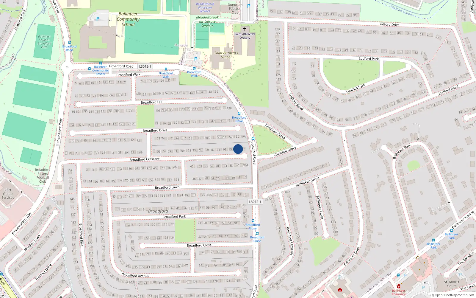 Overhead map showing the location of 105 Broadford Crescent, Dublin 16