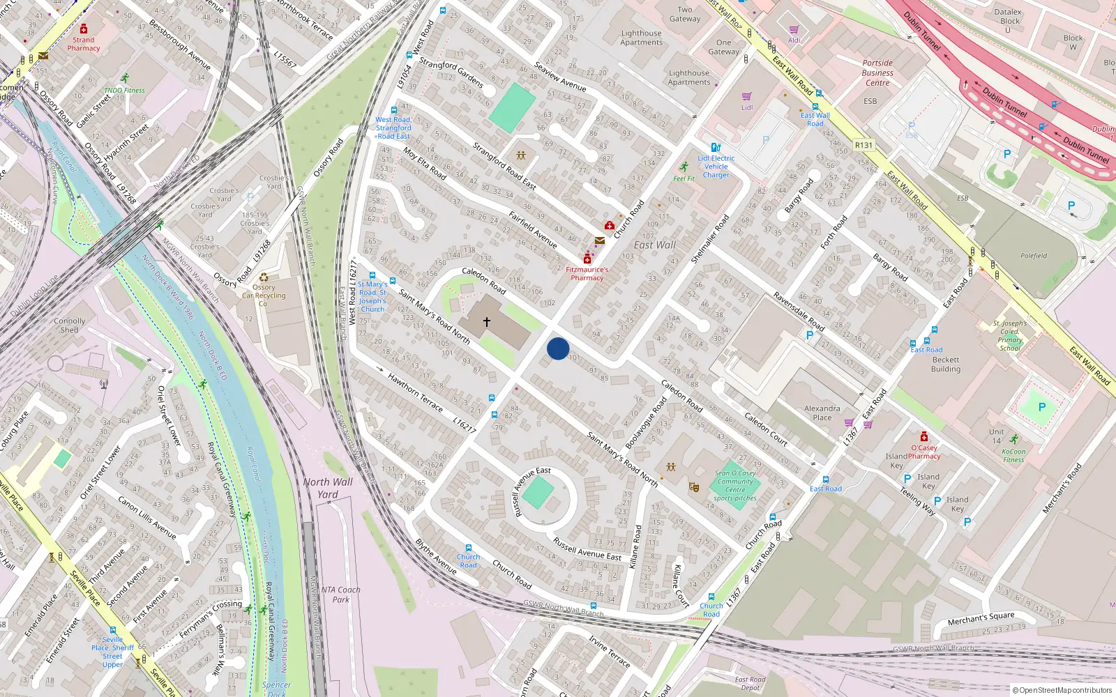 Overhead map showing the location of 105 Caledon Road, East Wall, Dublin 3
