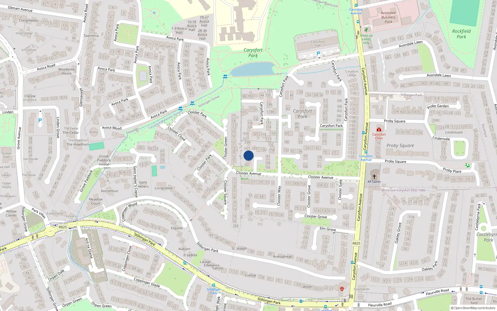 Overhead map showing the location of 105 Caryfort Park, Blackrock, Co. Dublin