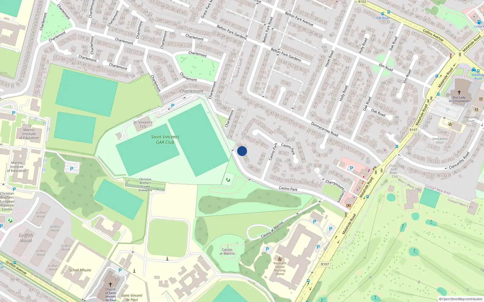 Overhead map showing the location of 105 Casino Park, Dublin 3