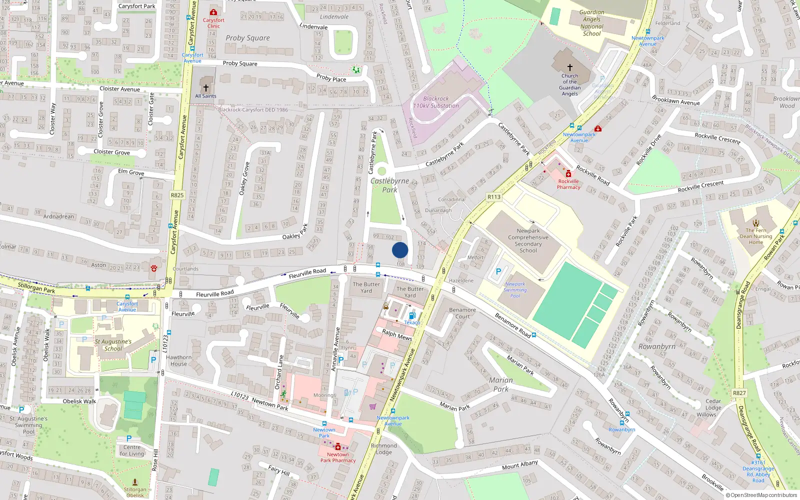 Overhead map showing the location of 105 Castlebyrne Park, Blackrock, Dublin