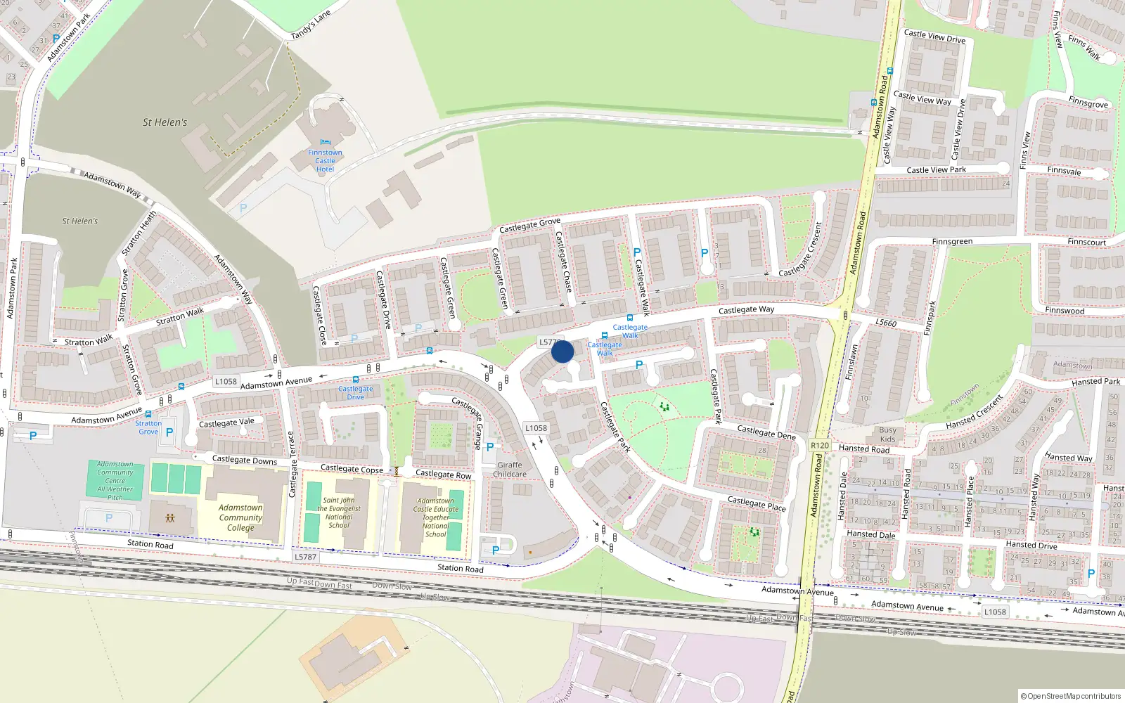 Overhead map showing the location of 105 Castlegate Way, Lucan