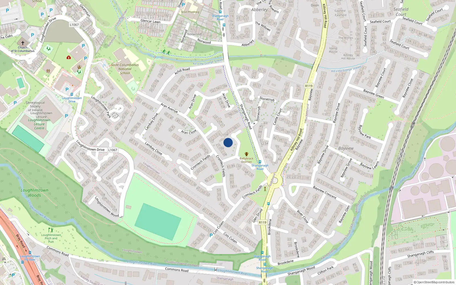 Overhead map showing the location of 105 Cromlech Fields, Ballybrack, Glenageary