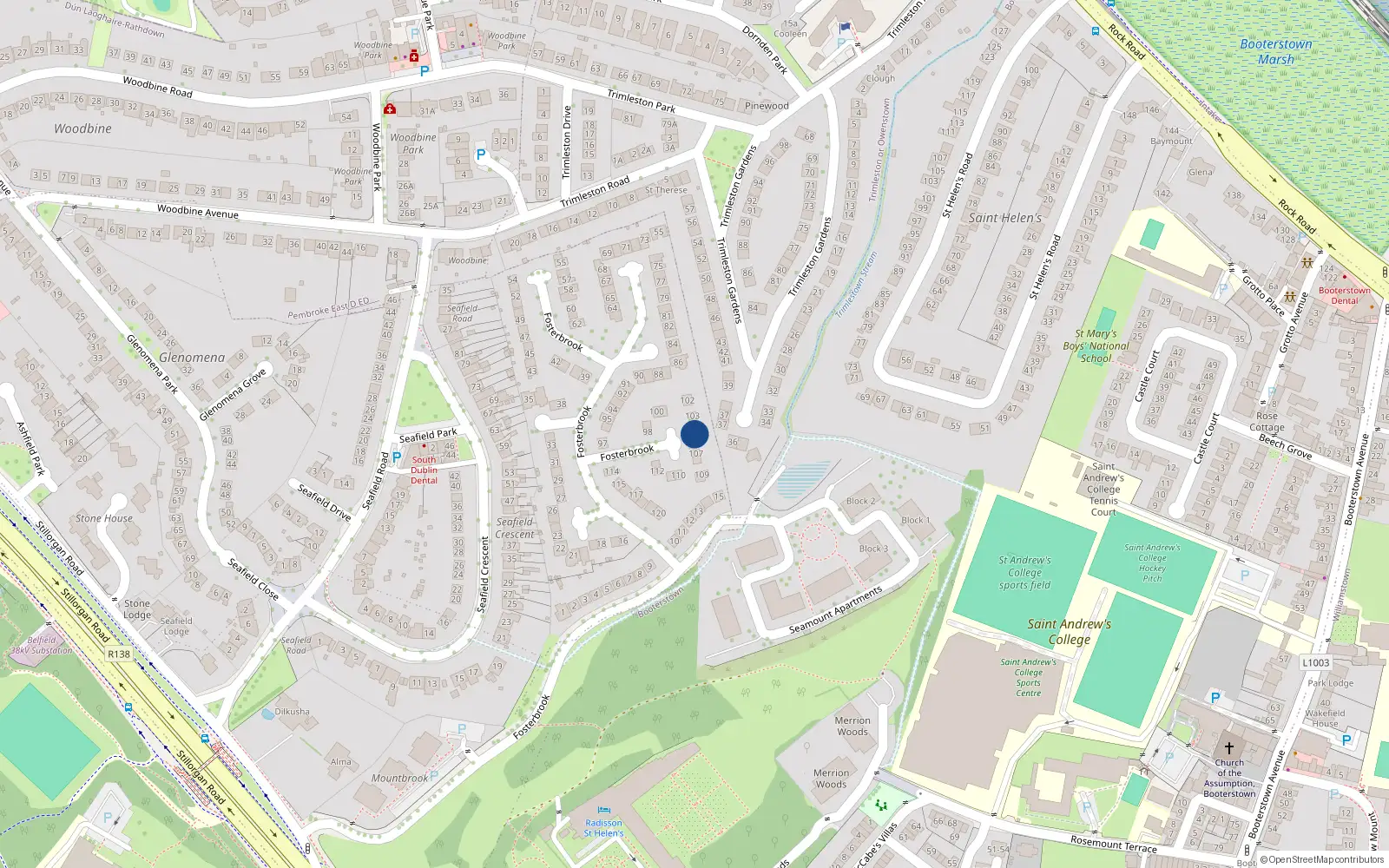 Overhead map showing the location of 105 Fosterbrook, Blackrock