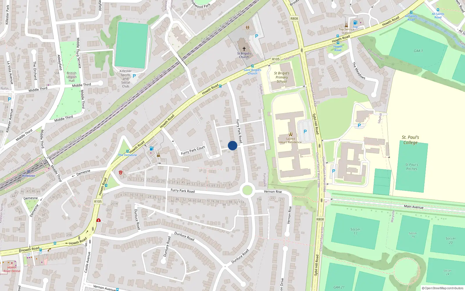 Overhead map showing the location of 105 Furry Park Road, Dublin 5