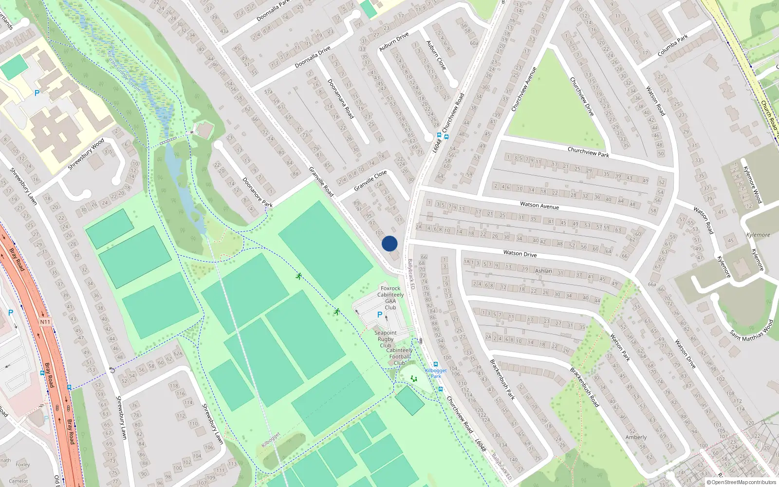 Overhead map showing the location of 105 Granville Road, Dublin