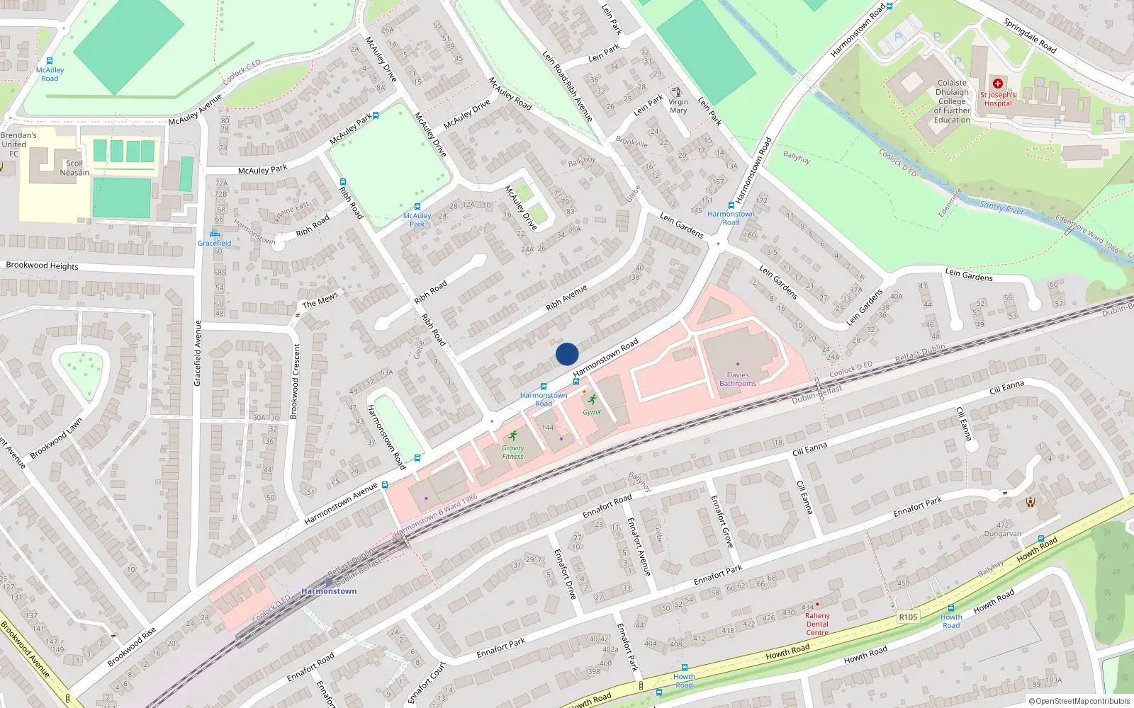 Overhead map showing the location of 105 Harmonstown Road, Dublin 5