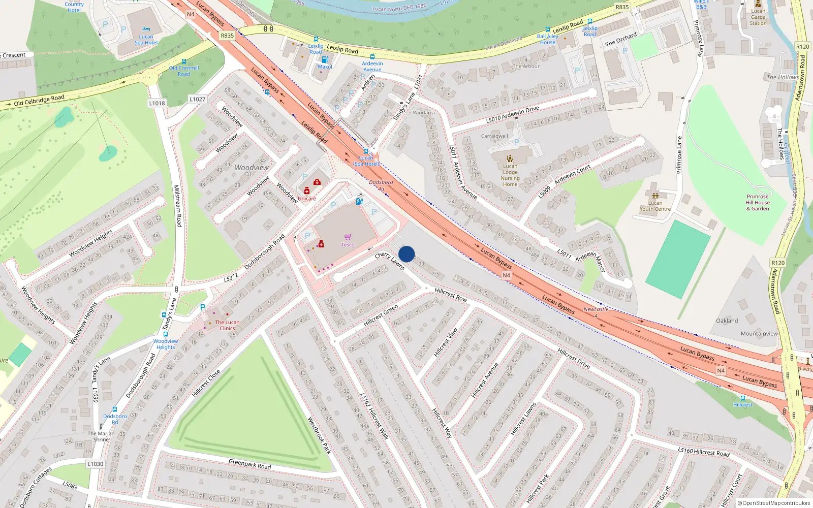 Overhead map showing the location of 105 Hillcrest Drive, Lucan, Dublin