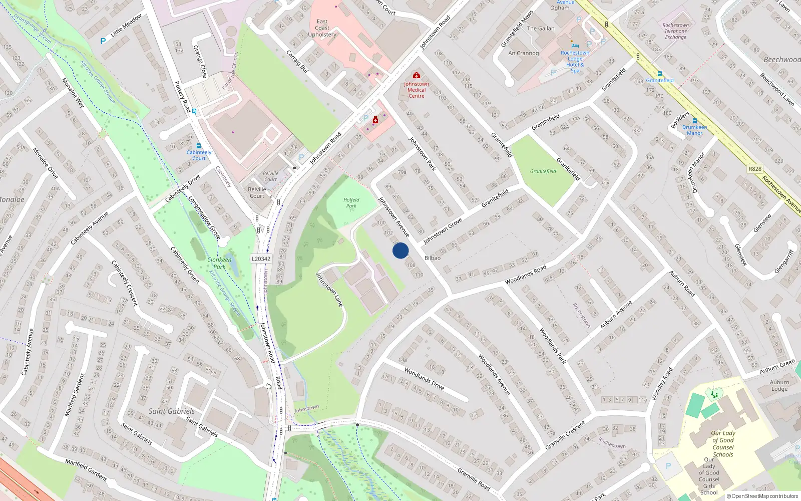 Overhead map showing the location of 105 Johnstown Avenue, Dun Laoghaire, Co Dublin
