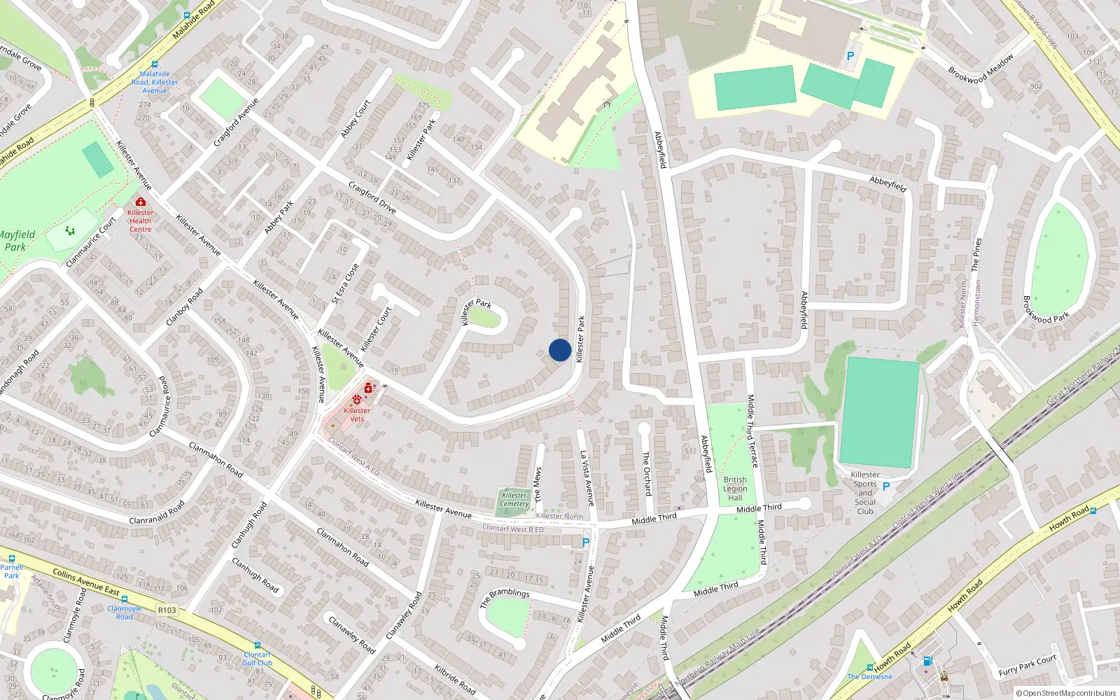 Overhead map showing the location of 105 Killester Park, Killester, Dublin 5