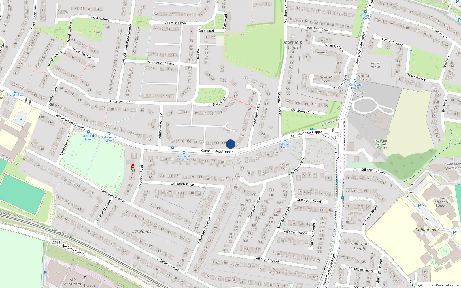 Overhead map showing the location of 105 Kilmacud Road Upper, Stillorgan, Dublin