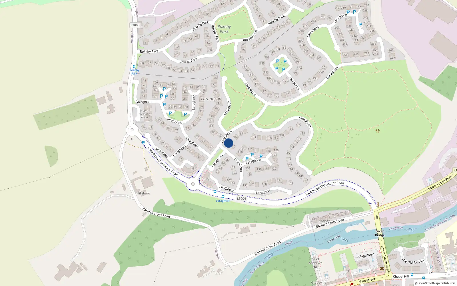 Overhead map showing the location of 105 Laraghcon, Lucan Village, Dublin