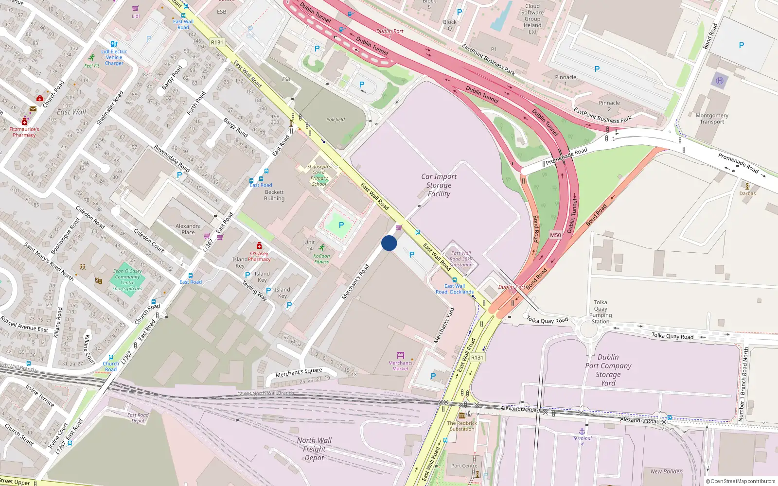 Overhead map showing the location of 105 Merchants Road, East Wall, Dublin 3