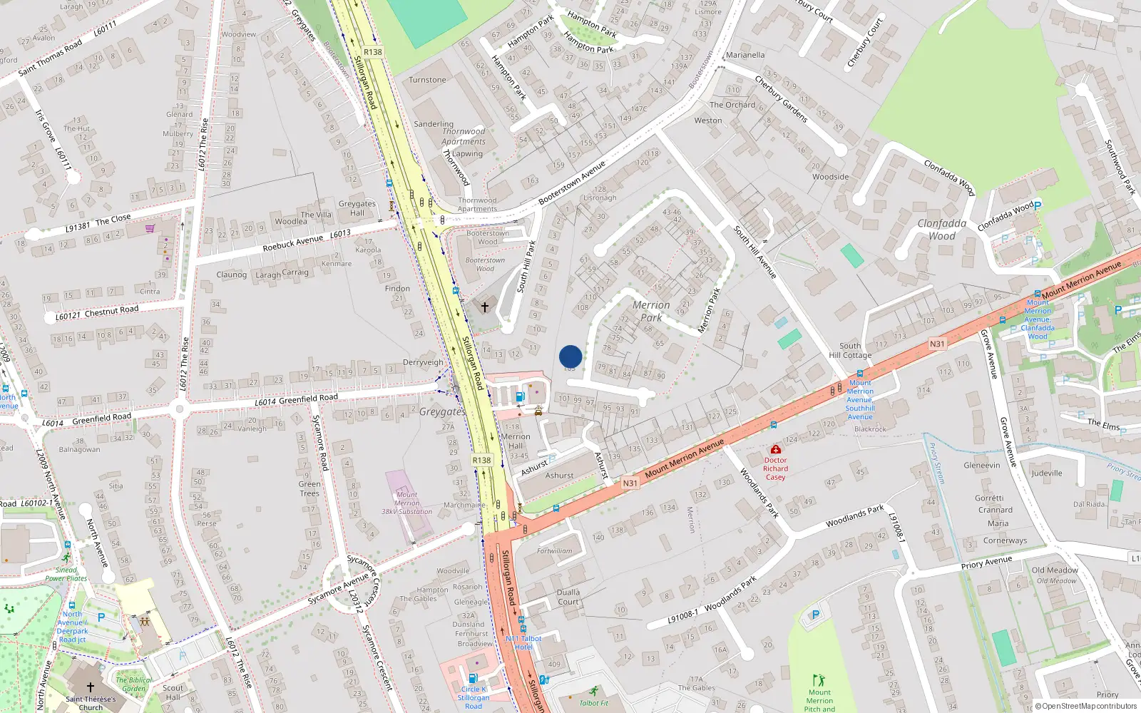 Overhead map showing the location of 105 Merrion Park, Blackrock