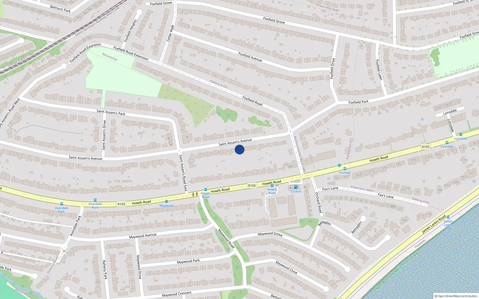 Overhead map showing the location of 105 St Assams Avenue, Raheny, Dublin 5