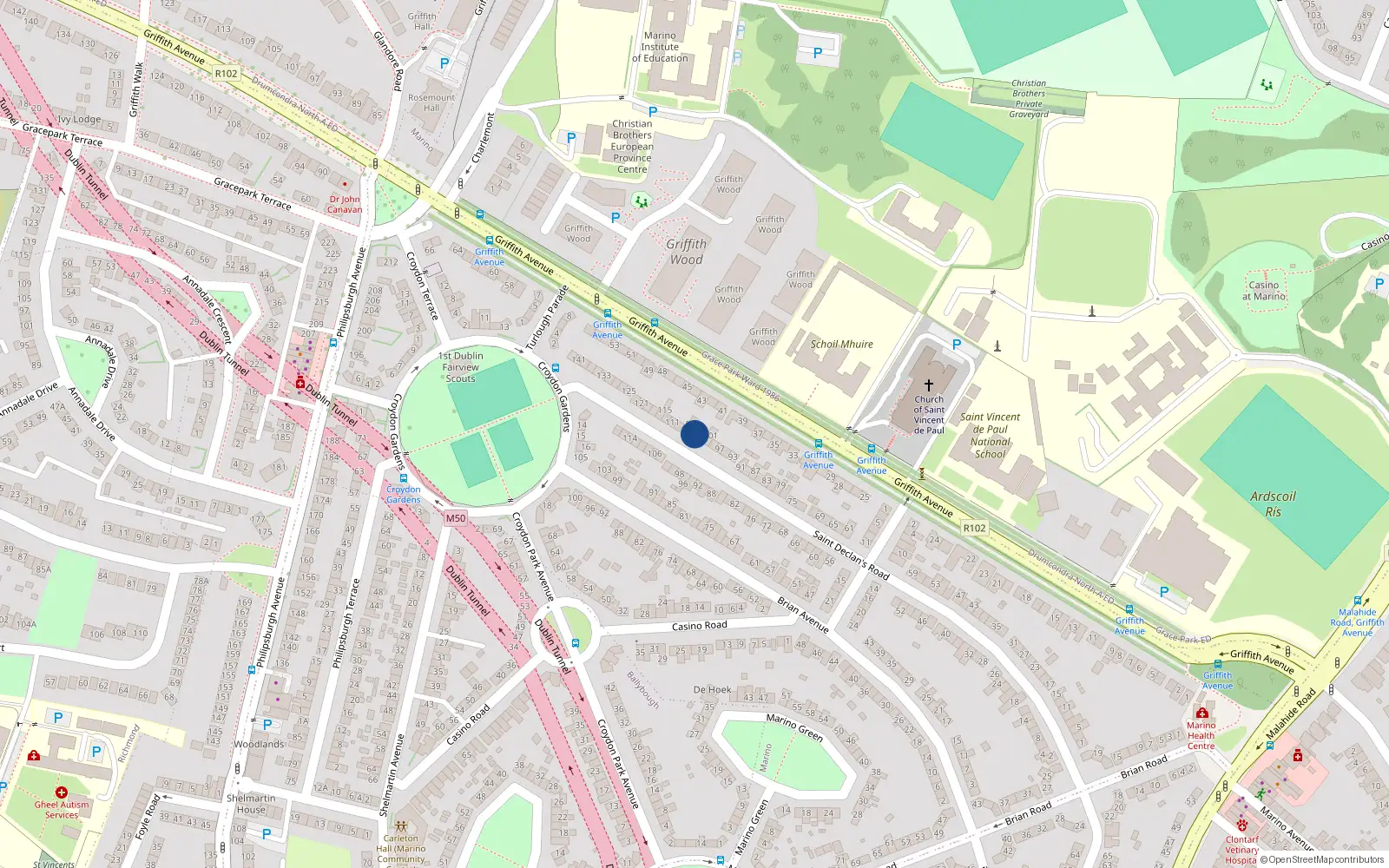Overhead map showing the location of 105 St Declans Road, Marino, Dublin 3