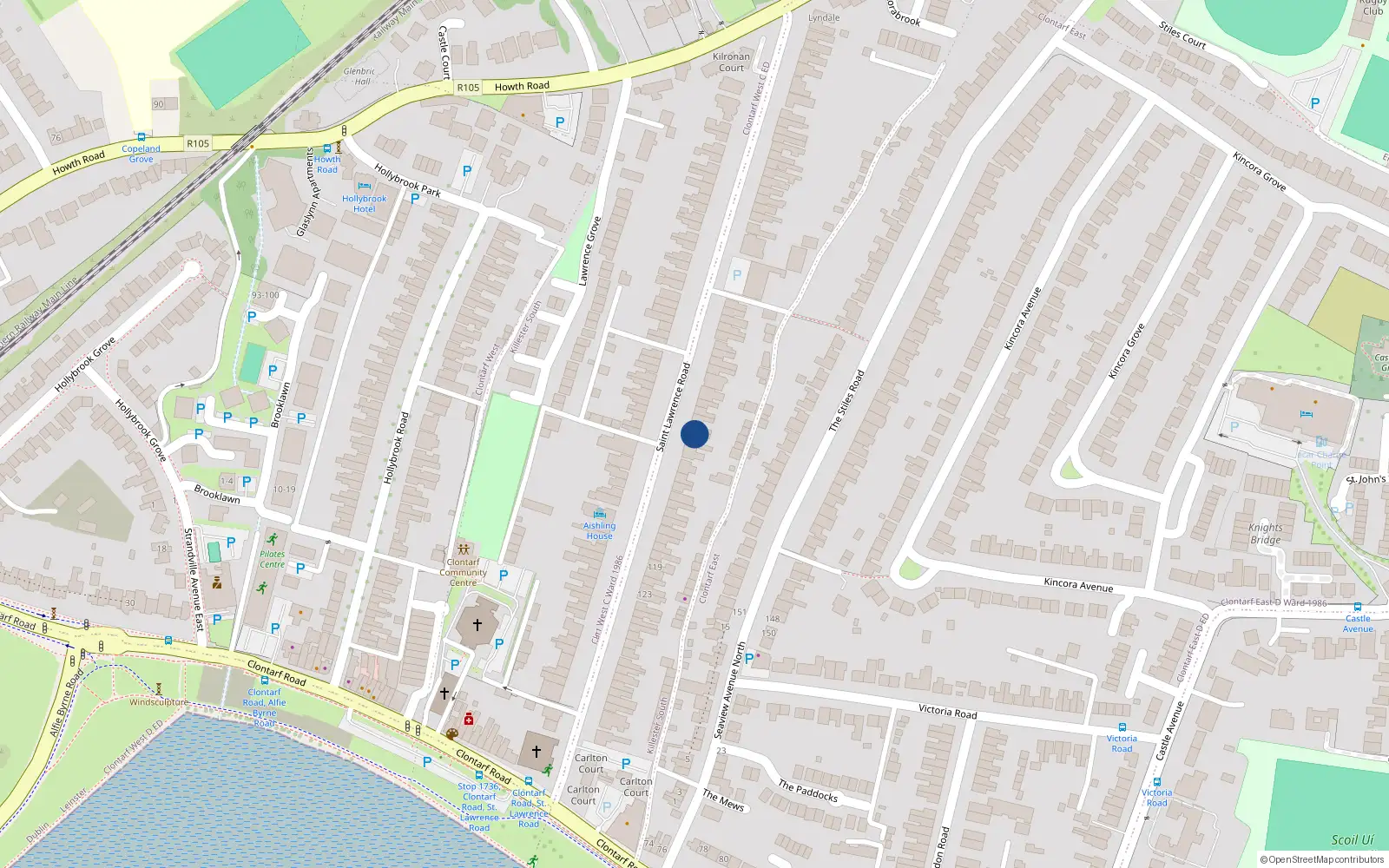Overhead map showing the location of 105 St Lawrence Road, Clontarf, Dublin 3