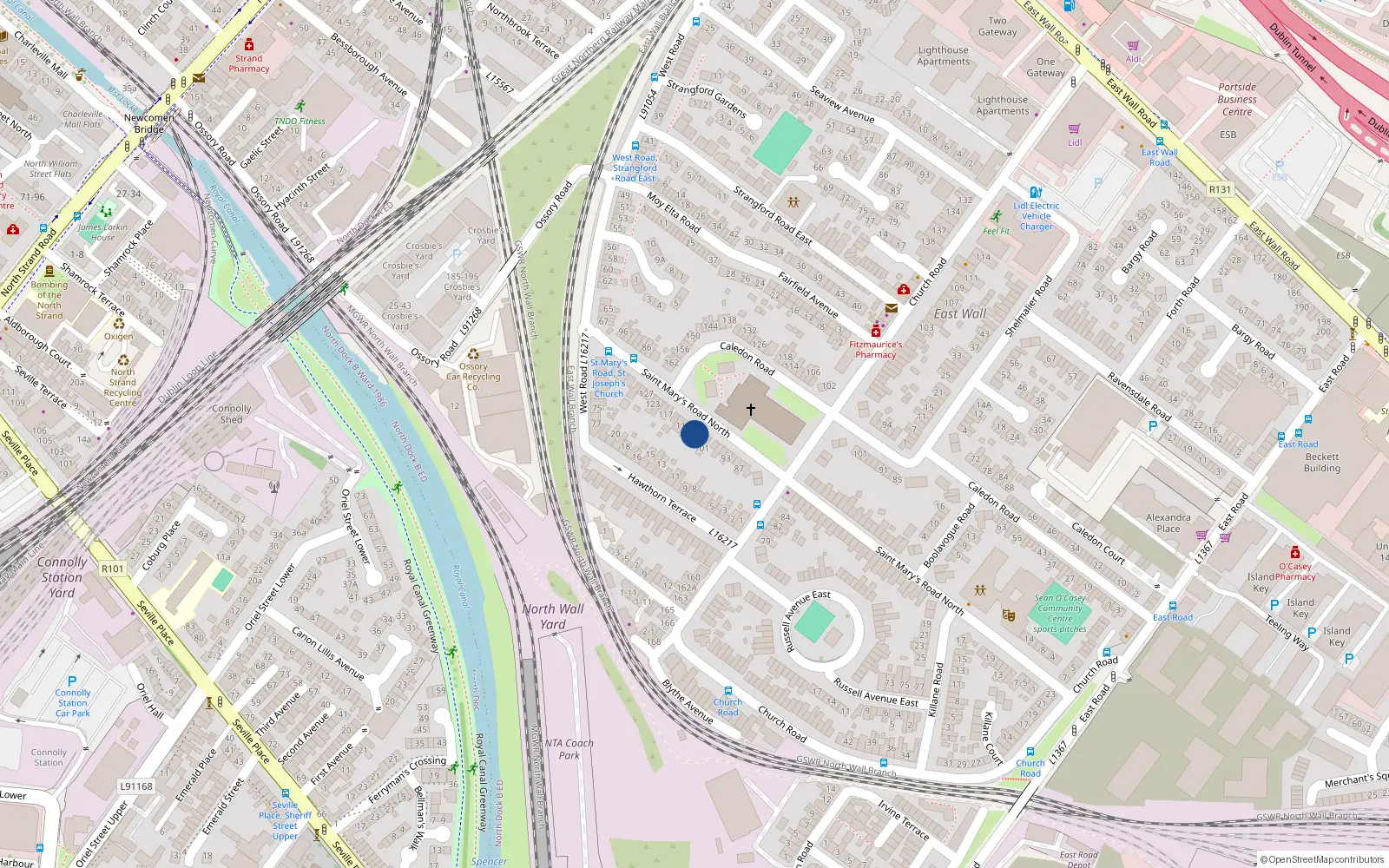Overhead map showing the location of 105 St Marys Road, East Wall, Dublin 3