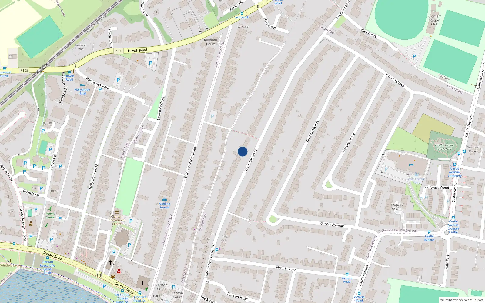 Overhead map showing the location of 105 the Stiles Road, Clontarf, Dublin 3