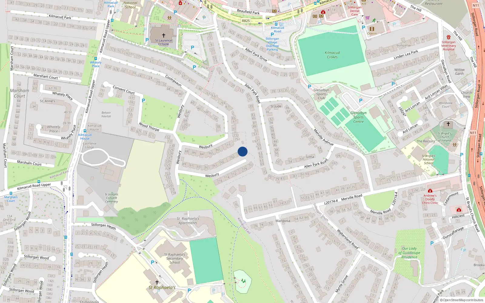 Overhead map showing the location of 105 Wesbury, Dublin