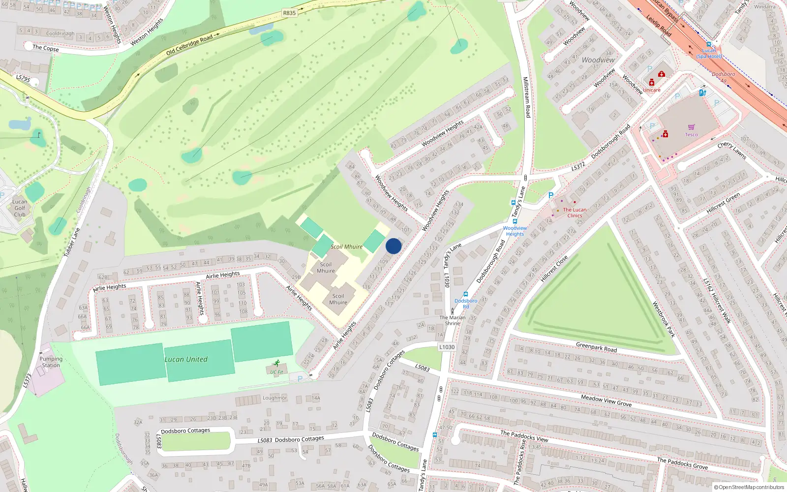 Overhead map showing the location of 105 Woodview Heights, Lucan, Dublin