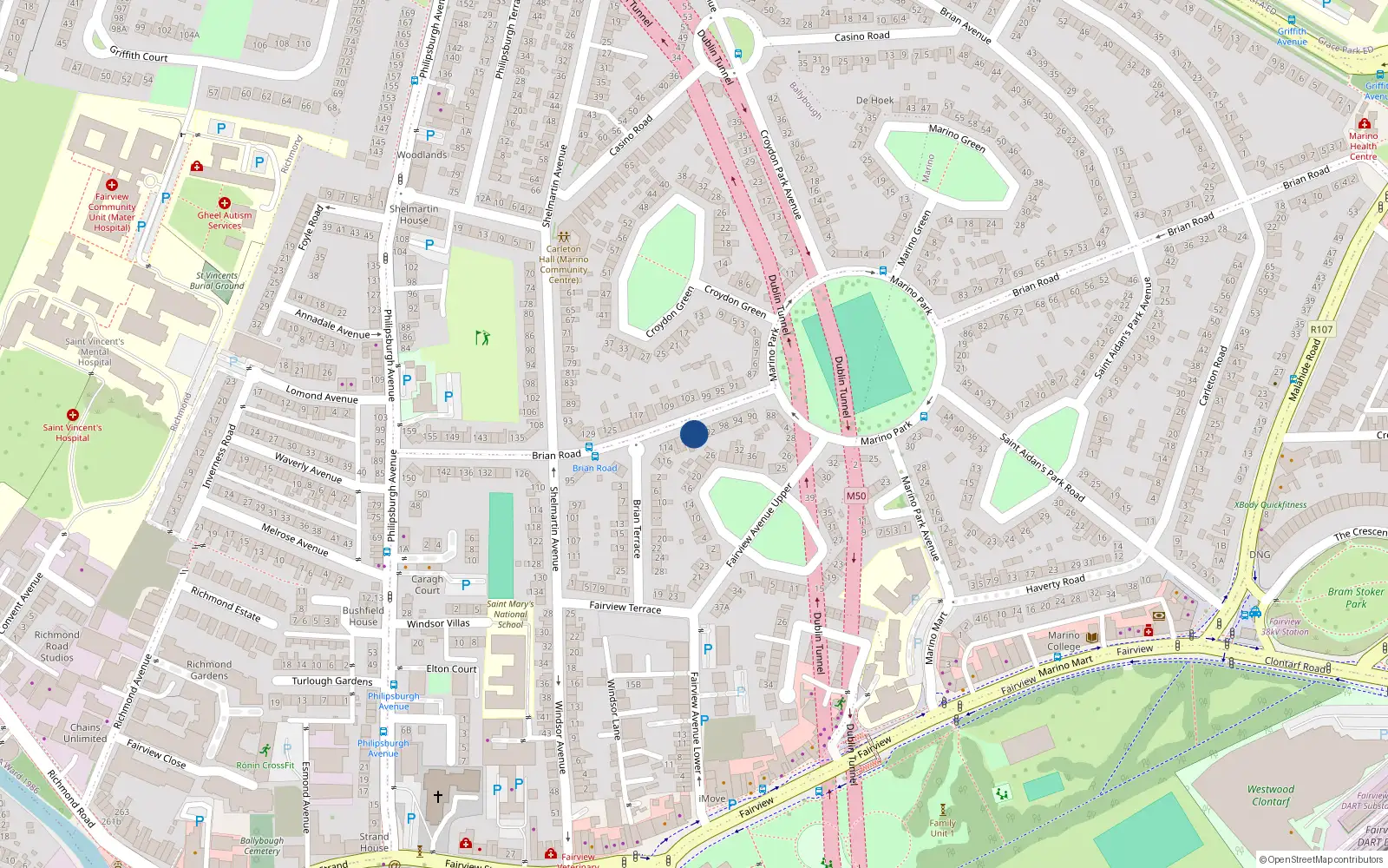 Overhead map showing the location of 106 Brian Road, Dublin 3