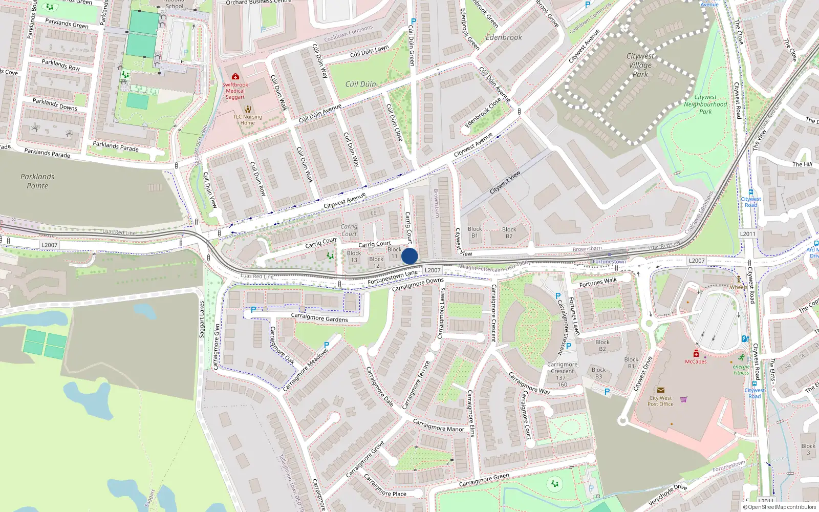 Overhead map showing the location of 106 Carrig Court, Dublin