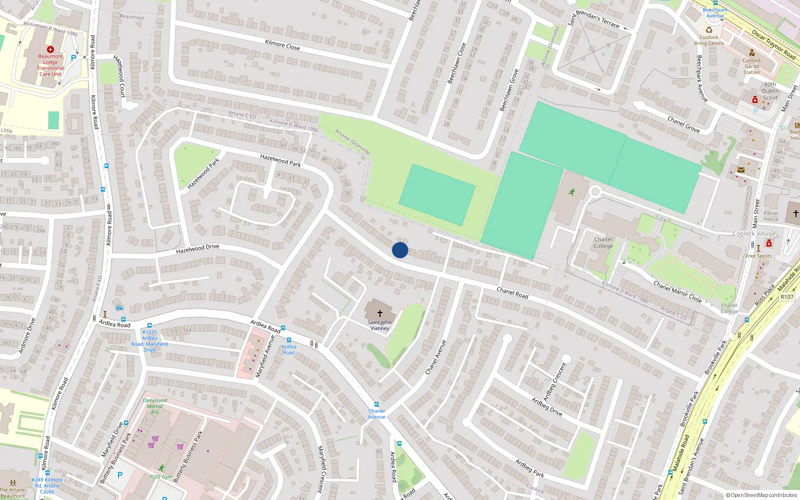Overhead map showing the location of 106 Chanel Road, Artane, Dublin 5