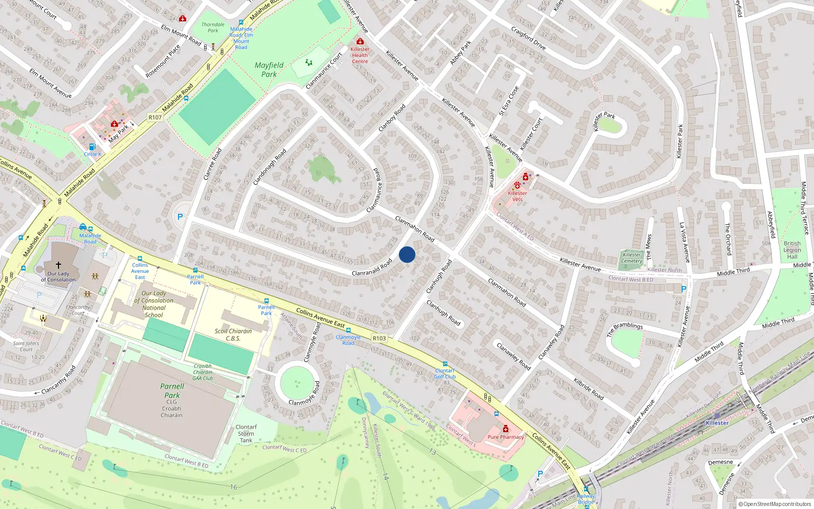 Overhead map showing the location of 106 Clanranald Road, Donnycarney, Dublin 5