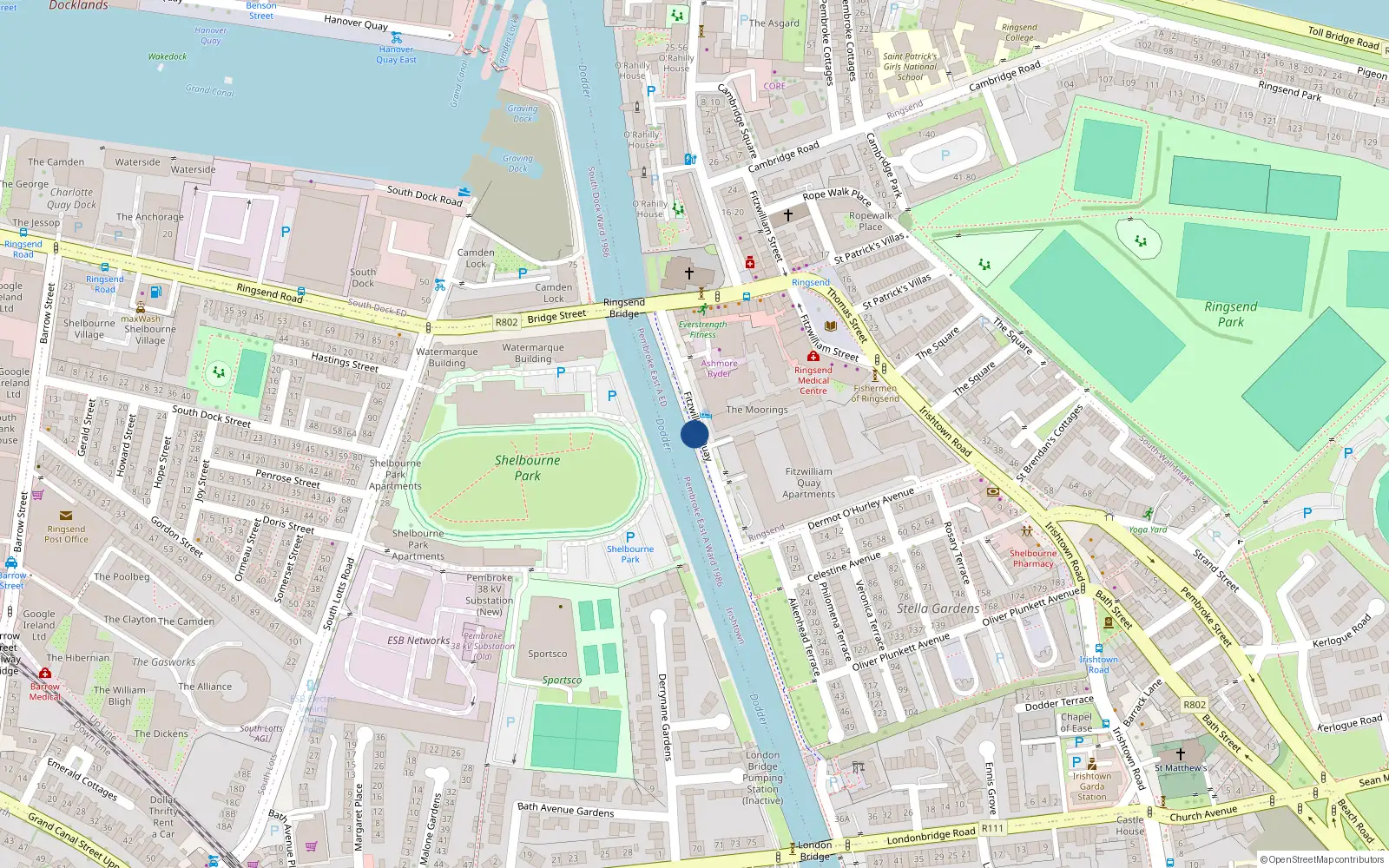 Overhead map showing the location of 106 Fitzwilliam Quay, Ringsend