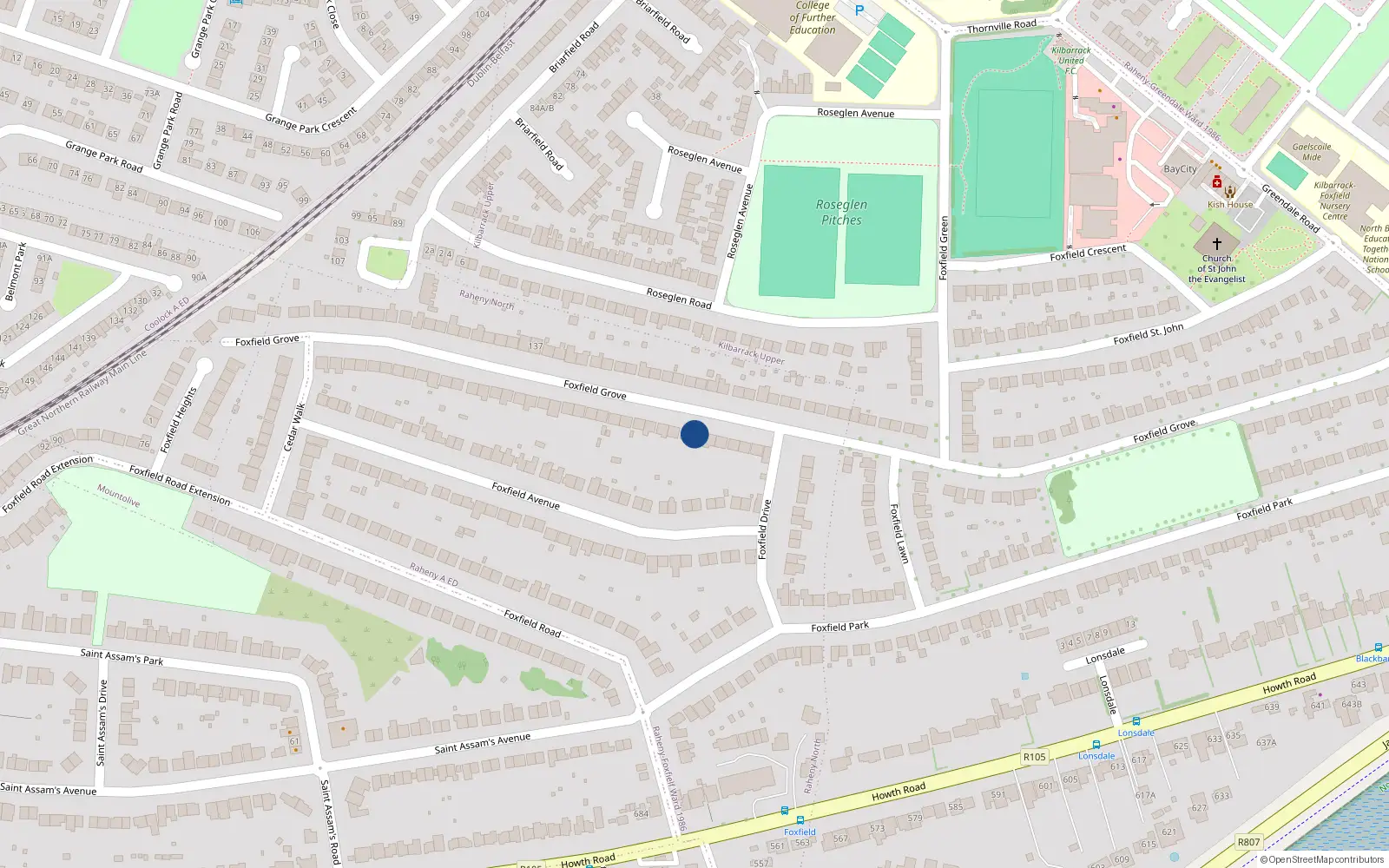 Overhead map showing the location of 106 Foxfield Grove, Dublin 5